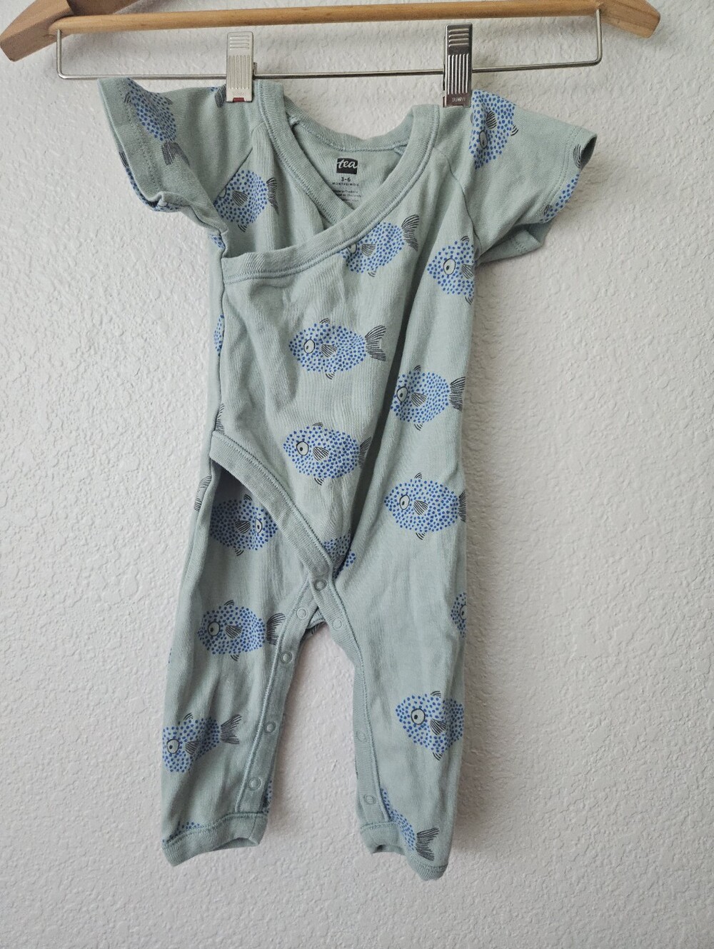 tea collection 100% cotton fish short sleeve jumpsuit kimono romper 3 - 6 months